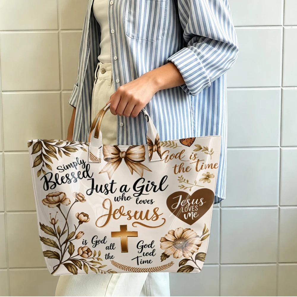 Faith-Inspired Floral Print Tote Bag "Girl Who Loves Jesus" Theme Glossy Single-Shoulder Cross & Plant Pattern Handbag for Church Daily Outings & Everyday Use