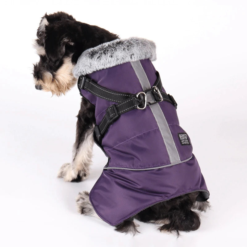 Winter Dog Clothes Waterproof Large Dog Jacket Coats With Harness Warm Fur Collar Clothing For Big Dogs Doberman Greyhound