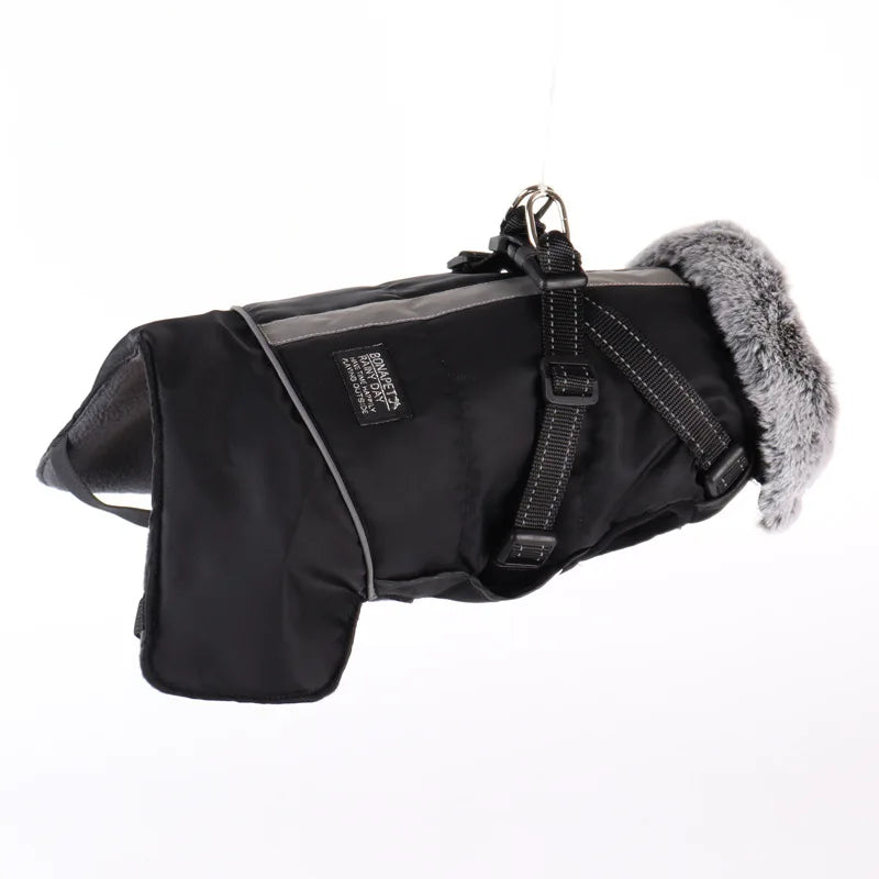 Winter Dog Clothes Waterproof Large Dog Jacket Coats With Harness Warm Fur Collar Clothing For Big Dogs Doberman Greyhound