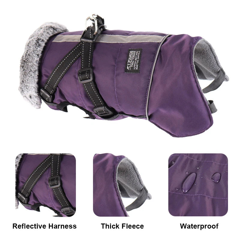 Winter Dog Clothes Waterproof Large Dog Jacket Coats With Harness Warm Fur Collar Clothing For Big Dogs Doberman Greyhound