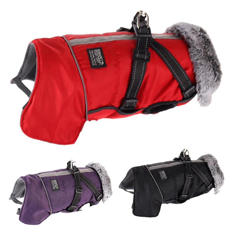 Winter Dog Clothes Waterproof Large Dog Jacket Coats With Harness Warm Fur Collar Clothing For Big Dogs Doberman Greyhound