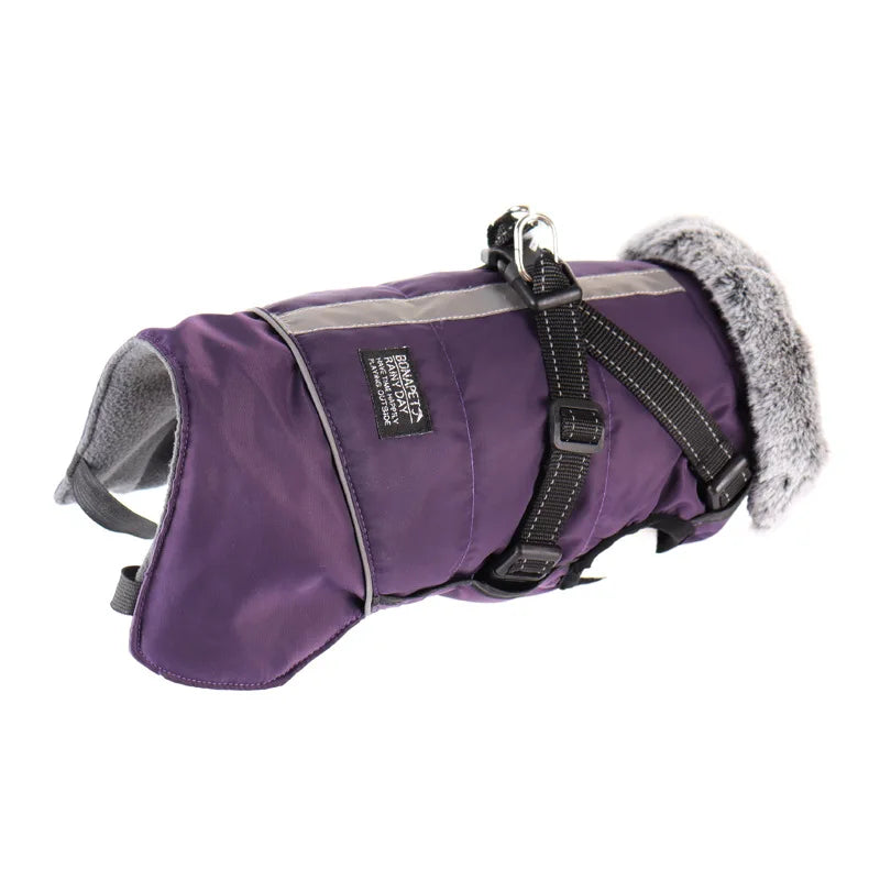 Winter Dog Clothes Waterproof Large Dog Jacket Coats With Harness Warm Fur Collar Clothing For Big Dogs Doberman Greyhound