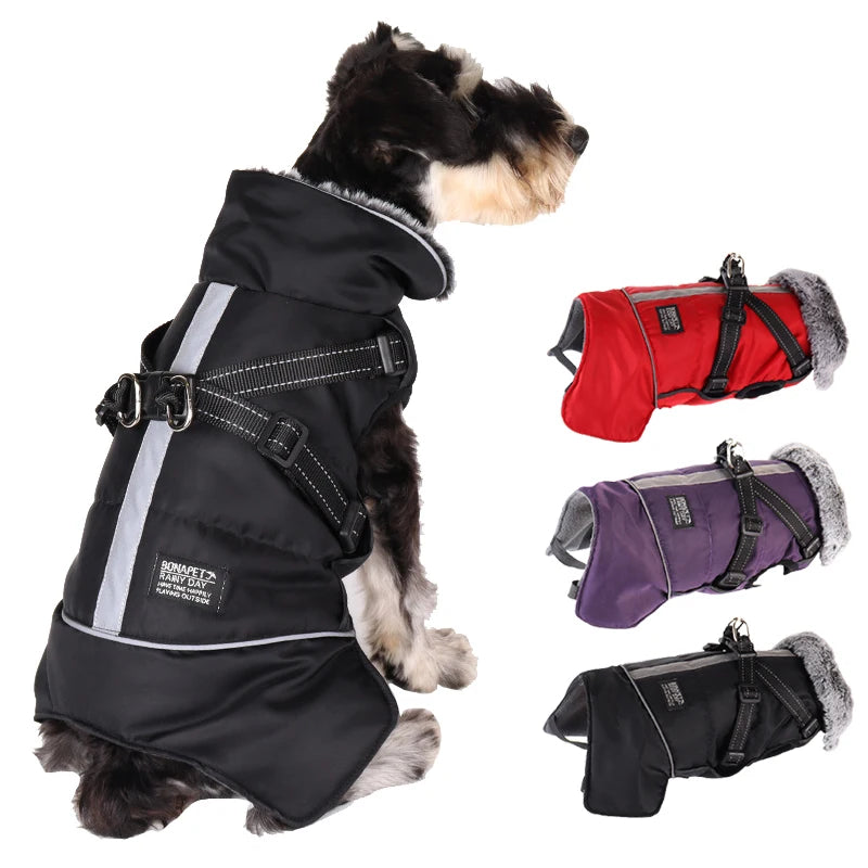 Winter Dog Clothes Waterproof Large Dog Jacket Coats With Harness Warm Fur Collar Clothing For Big Dogs Doberman Greyhound