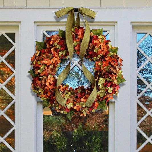 Thanksgiving Wreath Fall Hydrangea Bowknot Decoration Flower Garland Wreath Thanksgiving Front Door Home Decor
