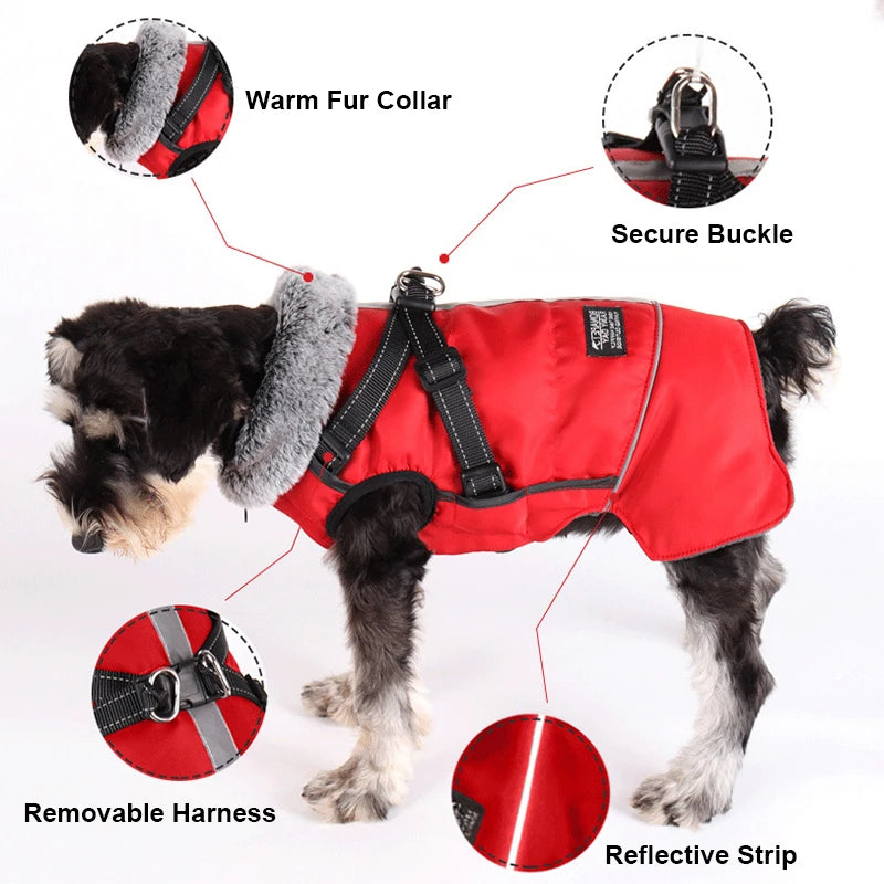 Winter Dog Clothes Waterproof Large Dog Jacket Coats With Harness Warm Fur Collar Clothing For Big Dogs Doberman Greyhound