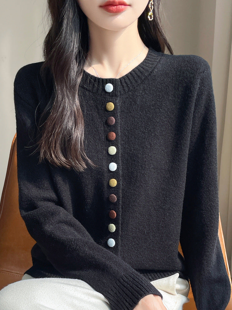 Autumn and Winter Retro Sweater Jacket for Women, Lazy Outerwear, 7-Stitch Thickened Colorful Button Faux Cardigan with Unique Design
