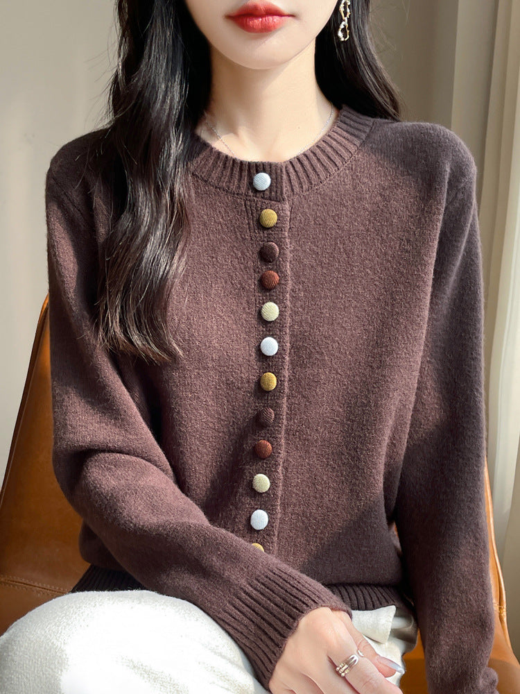 Autumn and Winter Retro Sweater Jacket for Women, Lazy Outerwear, 7-Stitch Thickened Colorful Button Faux Cardigan with Unique Design