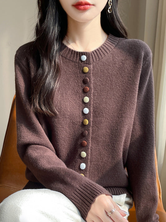 Autumn and Winter Retro Sweater Jacket for Women, Lazy Outerwear, 7-Stitch Thickened Colorful Button Faux Cardigan with Unique Design
