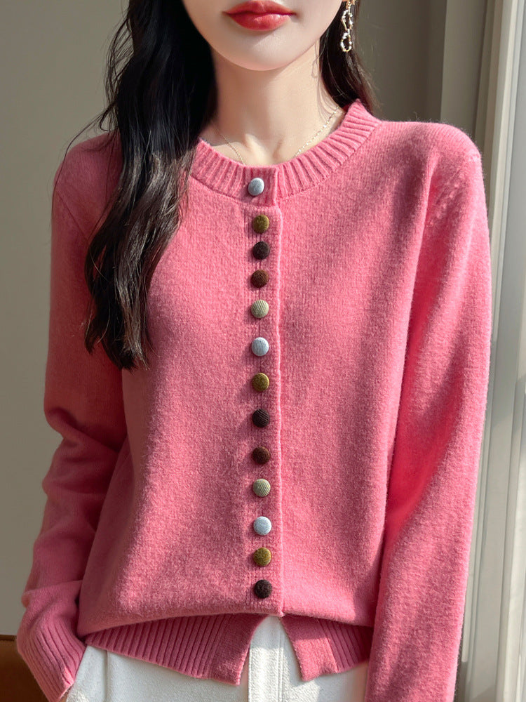 Autumn and Winter Retro Sweater Jacket for Women, Lazy Outerwear, 7-Stitch Thickened Colorful Button Faux Cardigan with Unique Design