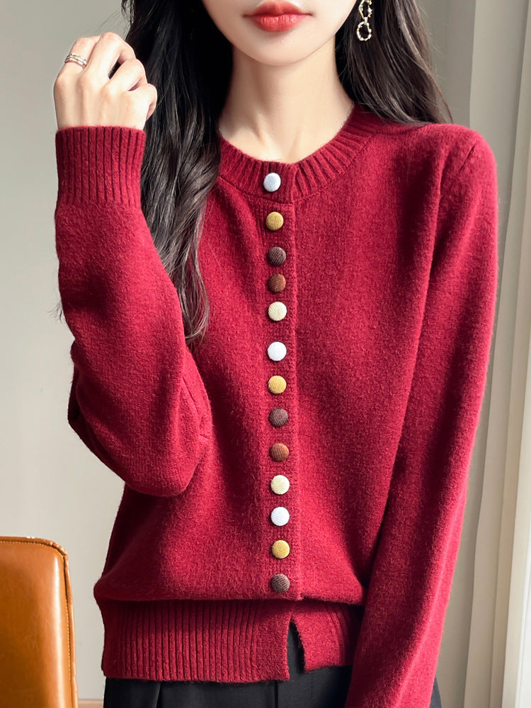 Autumn and Winter Retro Sweater Jacket for Women, Lazy Outerwear, 7-Stitch Thickened Colorful Button Faux Cardigan with Unique Design