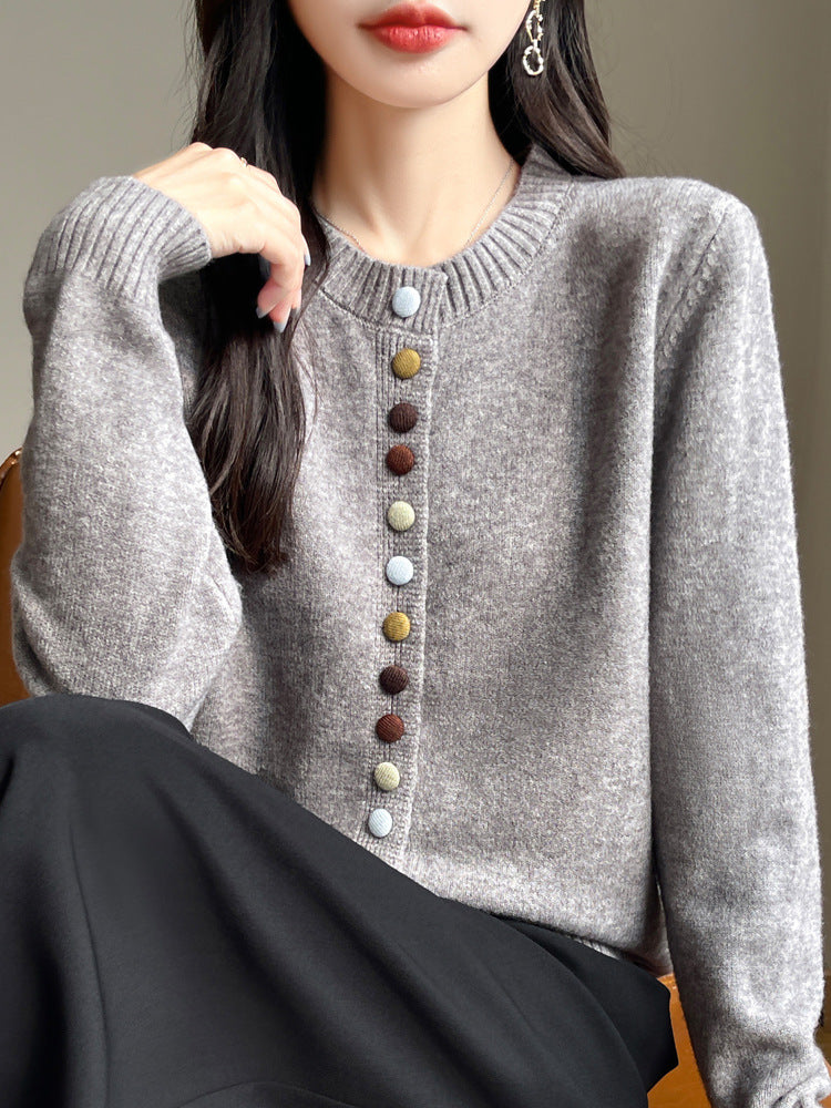Autumn and Winter Retro Sweater Jacket for Women, Lazy Outerwear, 7-Stitch Thickened Colorful Button Faux Cardigan with Unique Design