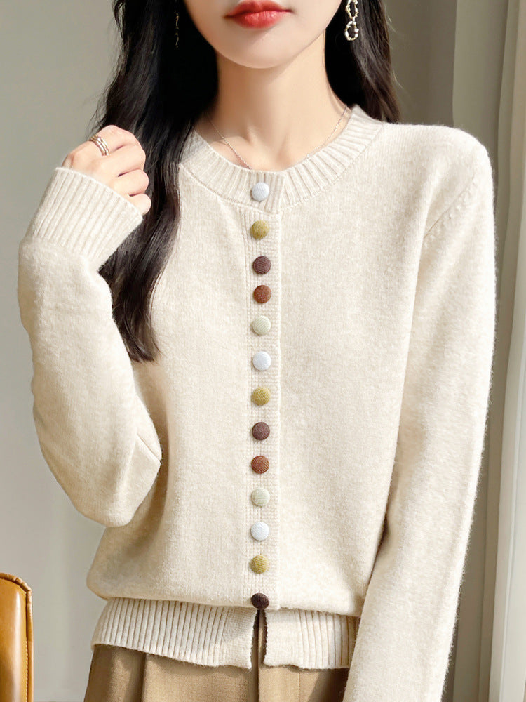 Autumn and Winter Retro Sweater Jacket for Women, Lazy Outerwear, 7-Stitch Thickened Colorful Button Faux Cardigan with Unique Design