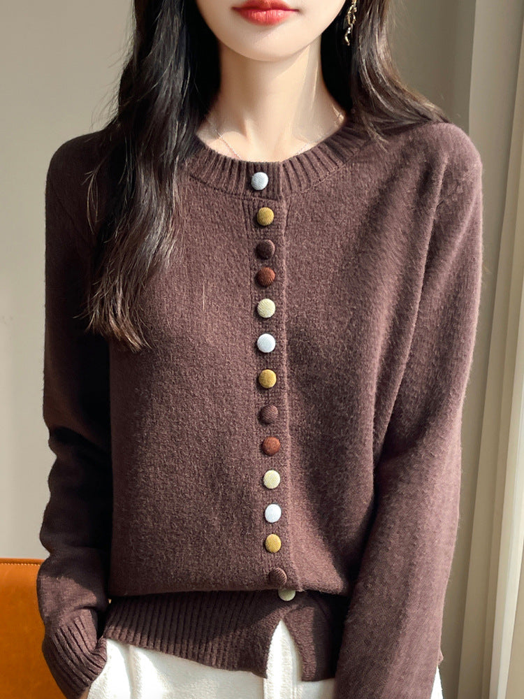 Autumn and Winter Retro Sweater Jacket for Women, Lazy Outerwear, 7-Stitch Thickened Colorful Button Faux Cardigan with Unique Design