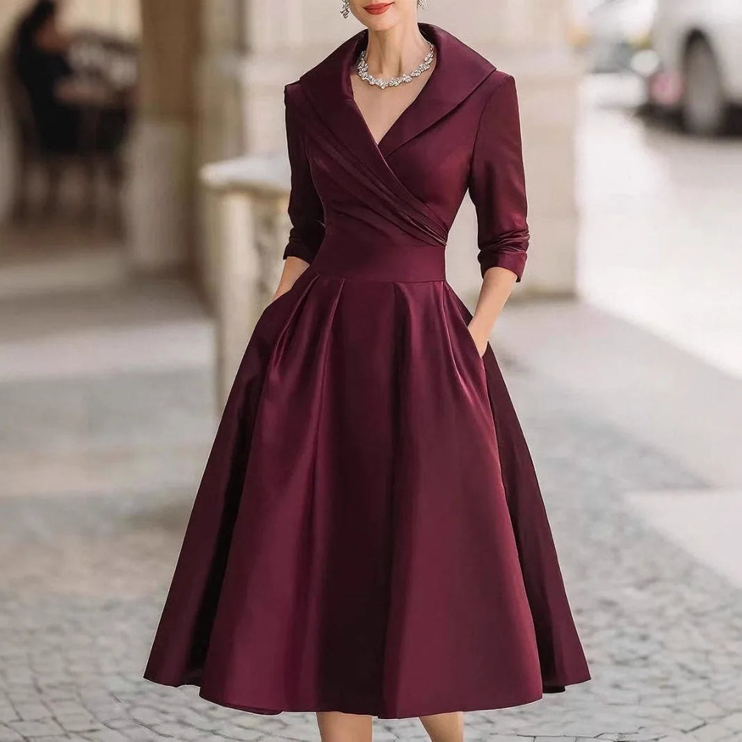 Shawl Lapel Cross V Neck Midi Dress 3 4 Sleeve High Waist A Line Pocket Dress Formal Wedding Guest Outfit