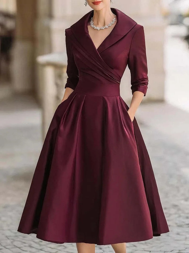 Shawl Lapel Cross V Neck Midi Dress 3 4 Sleeve High Waist A Line Pocket Dress Formal Wedding Guest Outfit