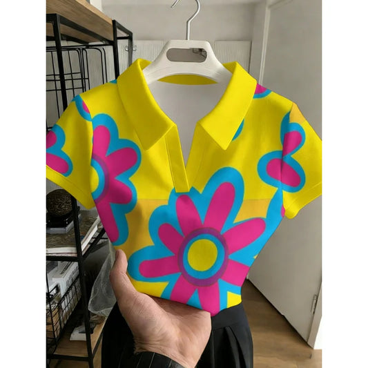2026Women's Collared Versatile Shirt Without ButtonsYellow Orange GraphicsFashionable Commuting Versatile Top