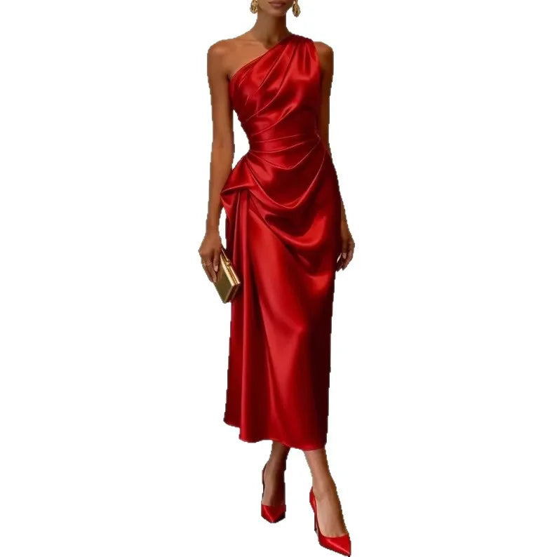 One Shoulder Asymmetrical Neck Satin Midi Dress All Over Side Ruched Draped Detail
