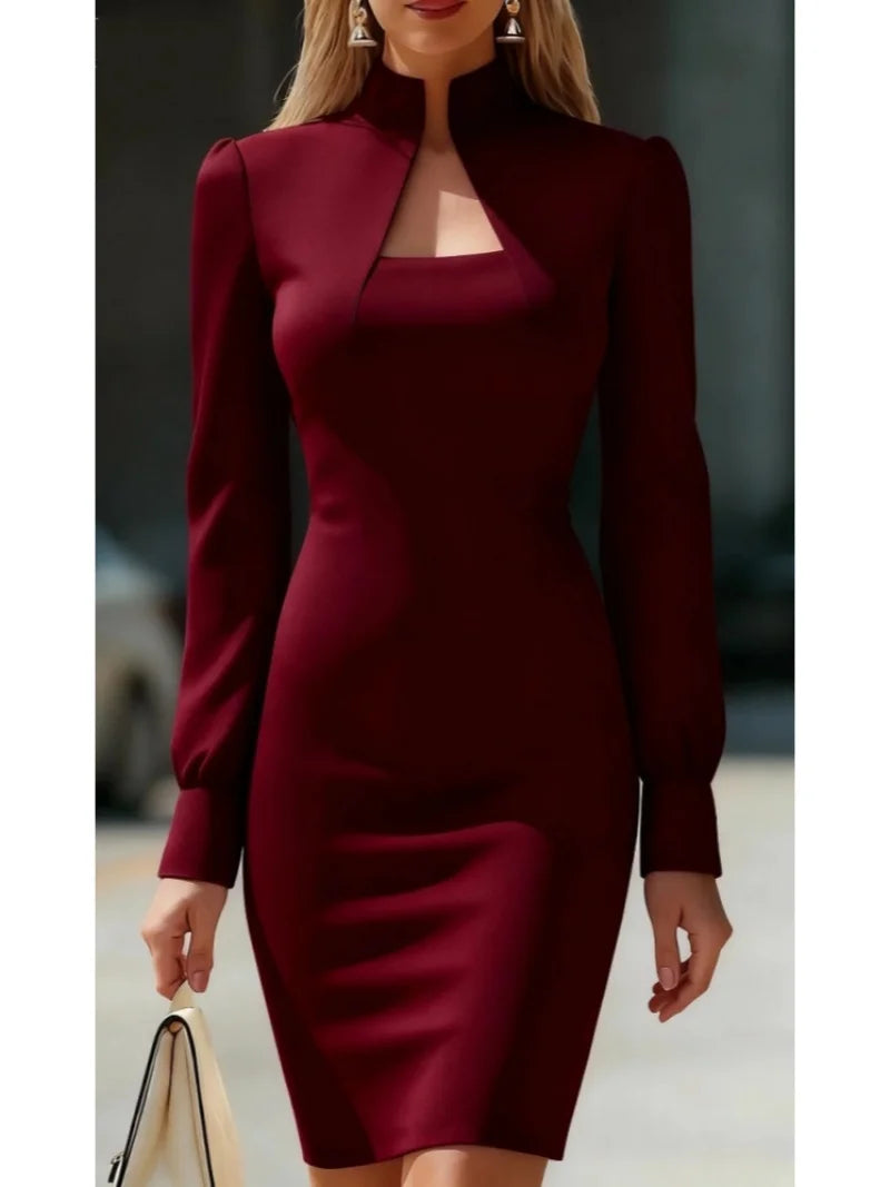 Women Stand Collar Cutout Bodycon Dress Puff Long Sleeve Slim Fit Midi Dress