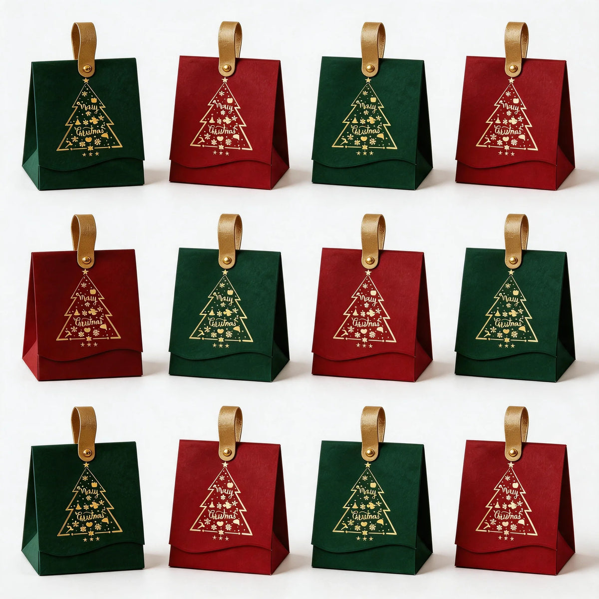12PCS Christmas Gift Boxes with Leather Handles 'Christmas Tree' Pattern, Christmas Gift Wrapping, Christmas Party Gift Boxes