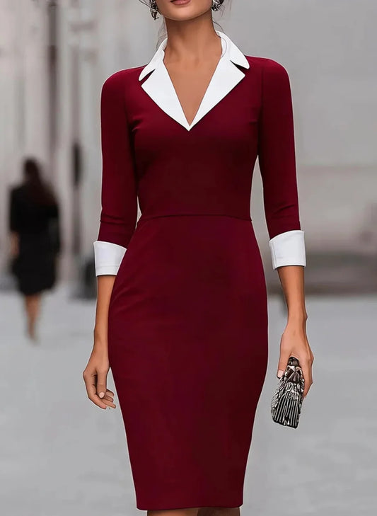 Women V Neck Three Quarter Sleeve Contrast Collar Bodycon Dress Elegant Office Lady Pencil Skirt for Work