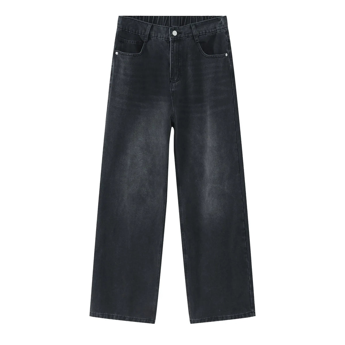 Semi-elastic Waist Loose Straight Primary Color Denim Trousers