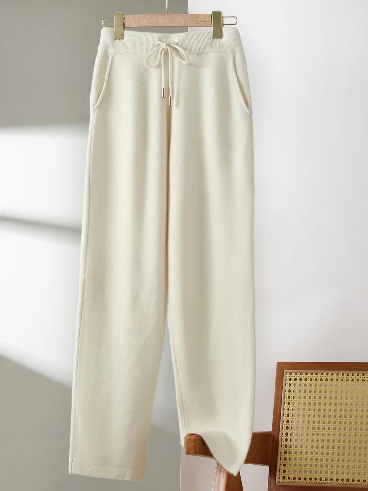 100% Pure Wool Small Leg Pants Kintted Autumn Winter Women's Fashionable Casual Versatile Thick Solid Color Pocket Cashmere Pant