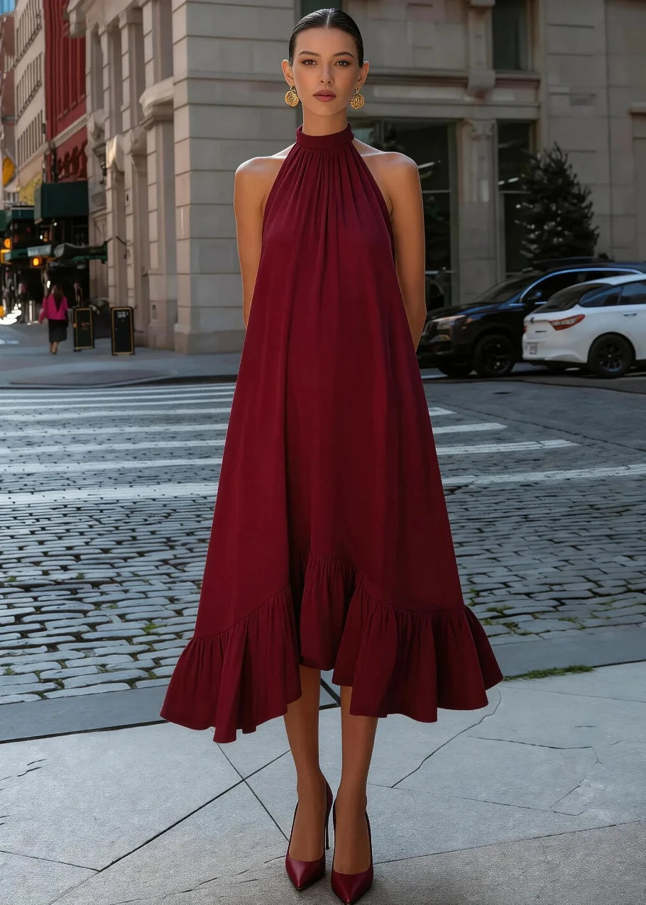 Sleeveless Halter Neck Flowy Midi Dress with Ruffled Hem A-Line Loose Fit Casual Summer Vacation Party Wear