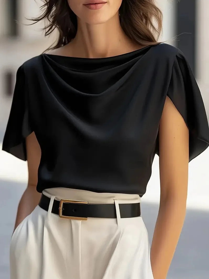 Elegant Short Sleeve Satin Top Women Casual Office Lady  Breathable Fabric Spring Summer New Arrival