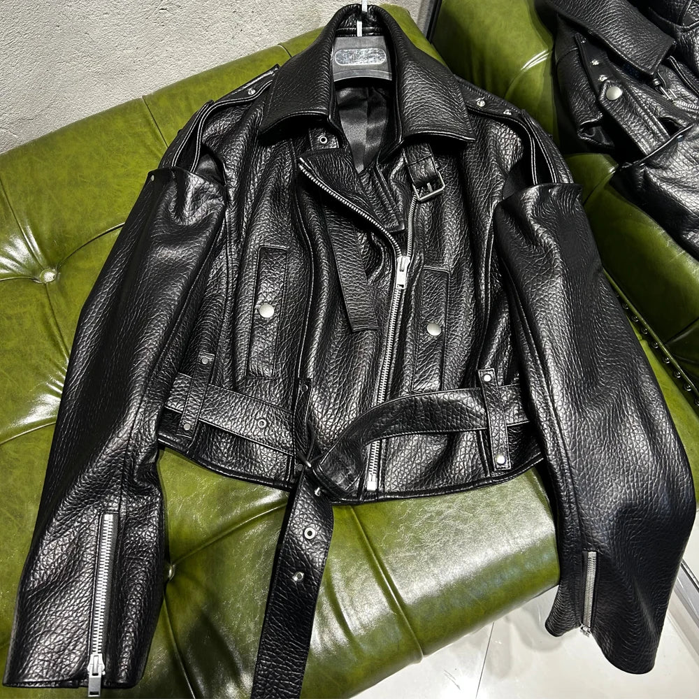 Real Leather Jacket Women Vintage Black Leather Jacket Cropped Jacket With Belt Spring