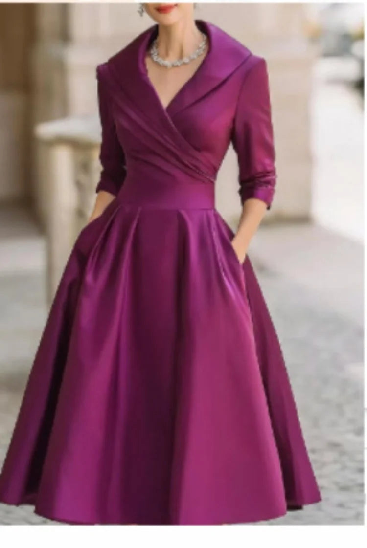 Shawl Lapel Cross V Neck Midi Dress 3 4 Sleeve High Waist A Line Pocket Dress Formal Wedding Guest Outfit
