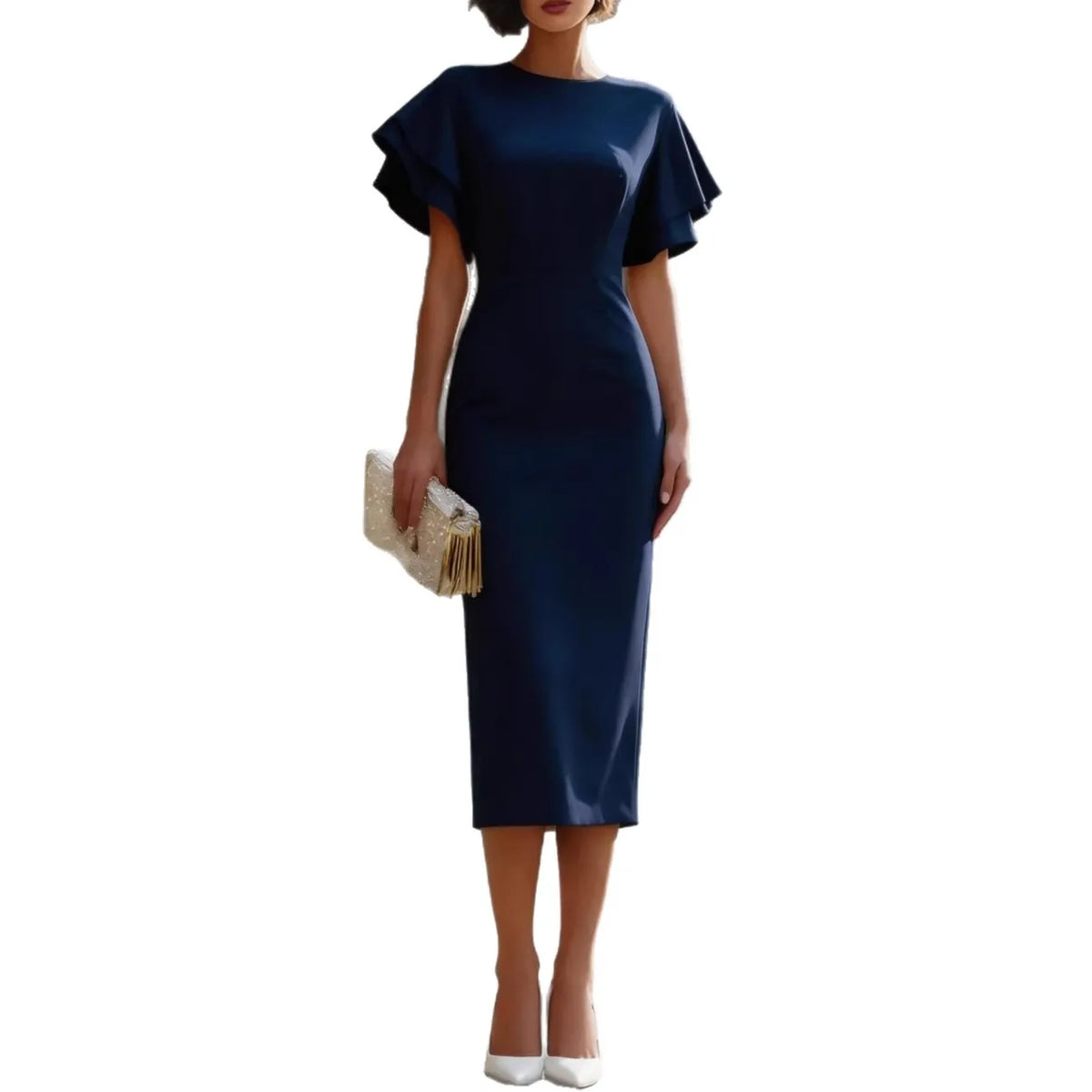 Elegant Ruffle Sleeve Midi Dress Women Slim Fit Bodycon Party Wedding Guest Formal Evening Gown