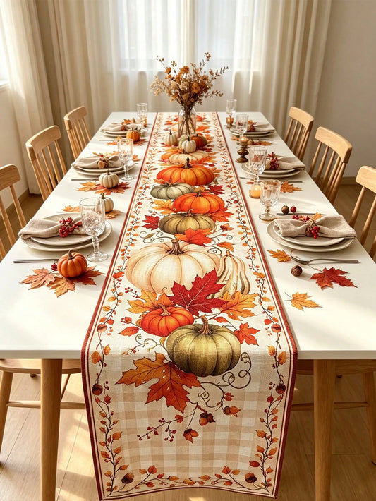 1pc Thanksgiving Table Runner Multi‑Color Pumpkin Maple Leaf Checkered Edge Ornament for Dining Kitchen Living Room Fall Harvest