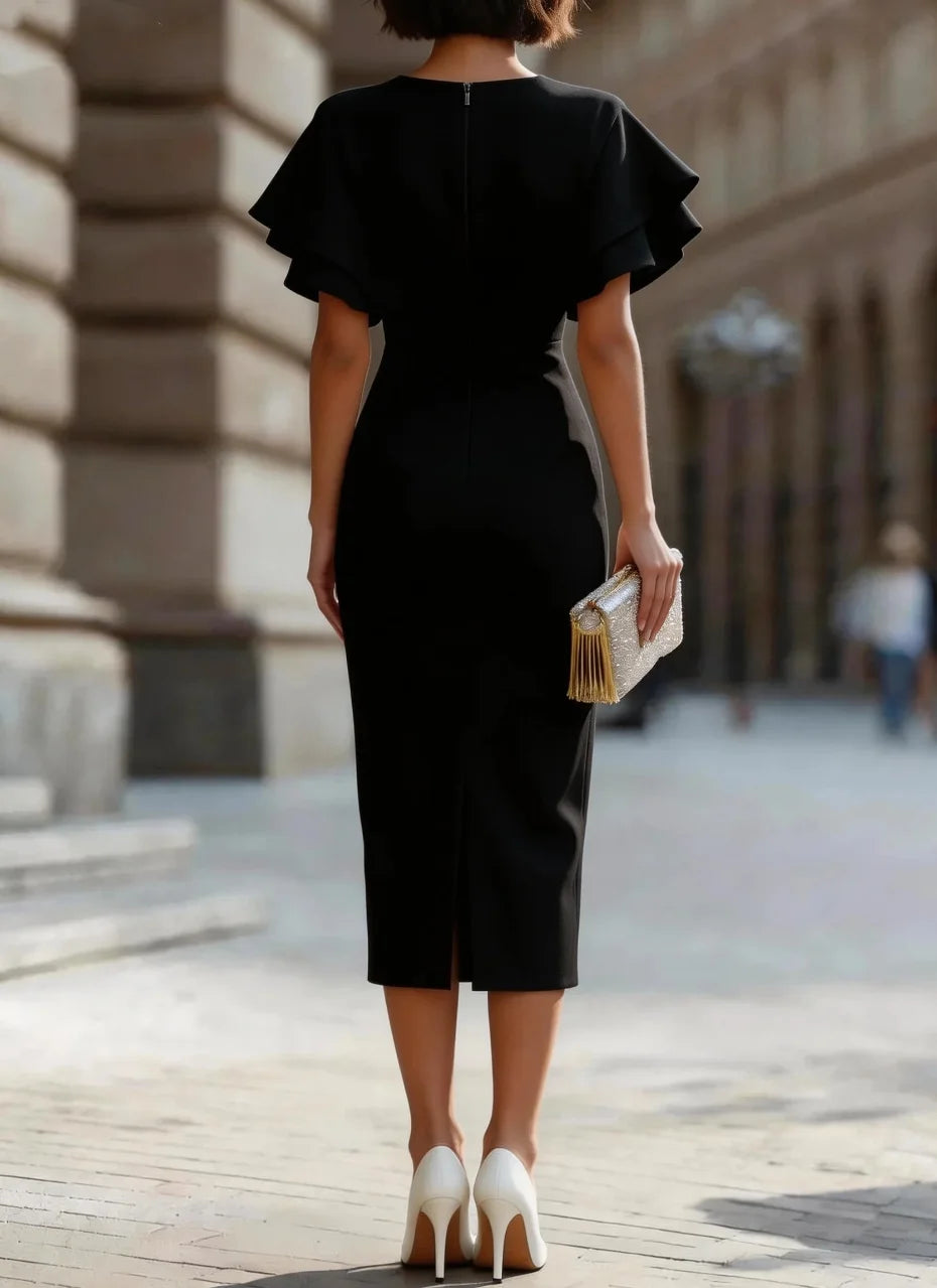Elegant Ruffle Sleeve Midi Dress Women Slim Fit Bodycon Party Wedding Guest Formal Evening Gown