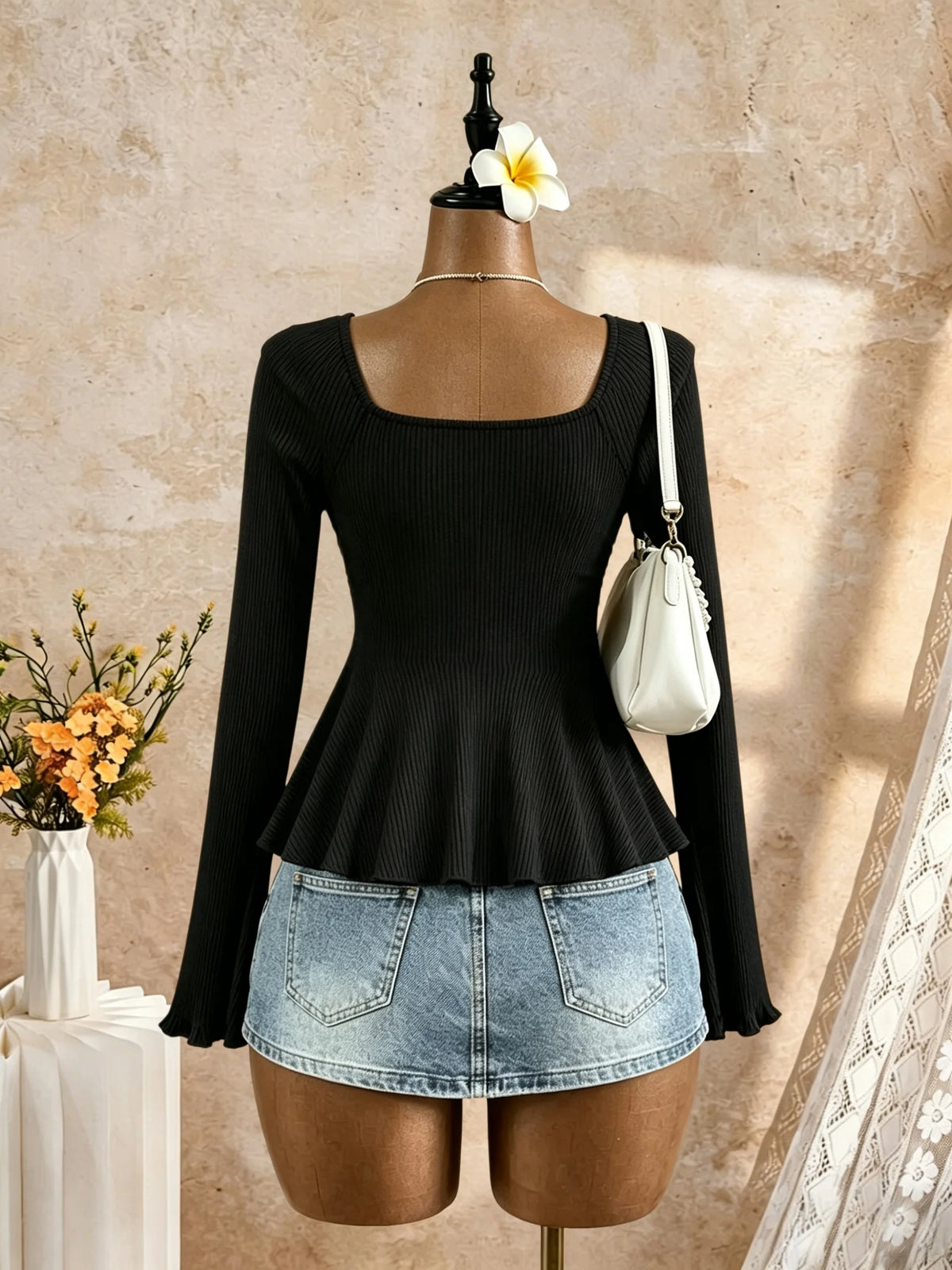 Women Square Neck Ruched Drawstring Bust Flare Long Sleeve Peplum Top Ribbed Knit Solid Black Slim Fit Casual Blouse