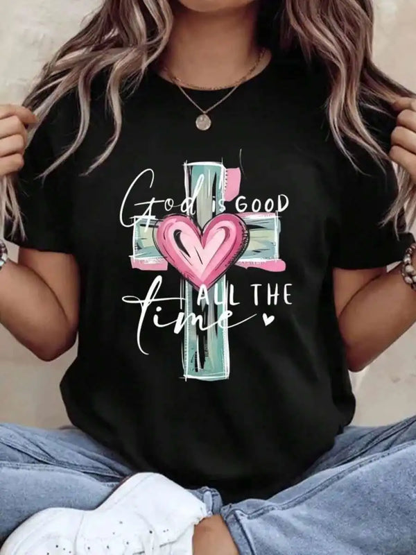 2026 Spring Summer Women Christian Faith Graphic Tee 220g Soft Cotton Crewneck Short Sleeve God Is Good All The Time Cross Heart Print Religious Aesthetic Mother's Day Church Daily Loungewear Novelty Gift Tops S-7XL Fast Ship