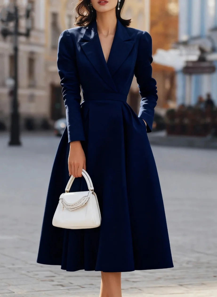 Blazer Collar Wrap V Neck Midi Dress Long Sleeve A Line Pocket Elegant Wedding Guest Dress