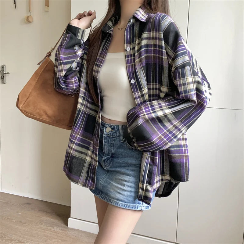 Purple Plaid Shirt Women Autumn Long Sleeve Single Breasted Blouse Top Female Teen-girl Casual Loose Button Down Check Shirts