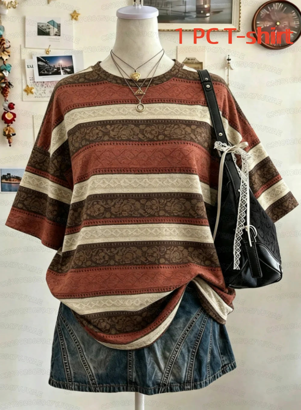 Summer Y2K Striped Print Casual Oversized Round Neck Drop Shoulder Women Short Sleeve T-shirt Street Casual Sports Top
