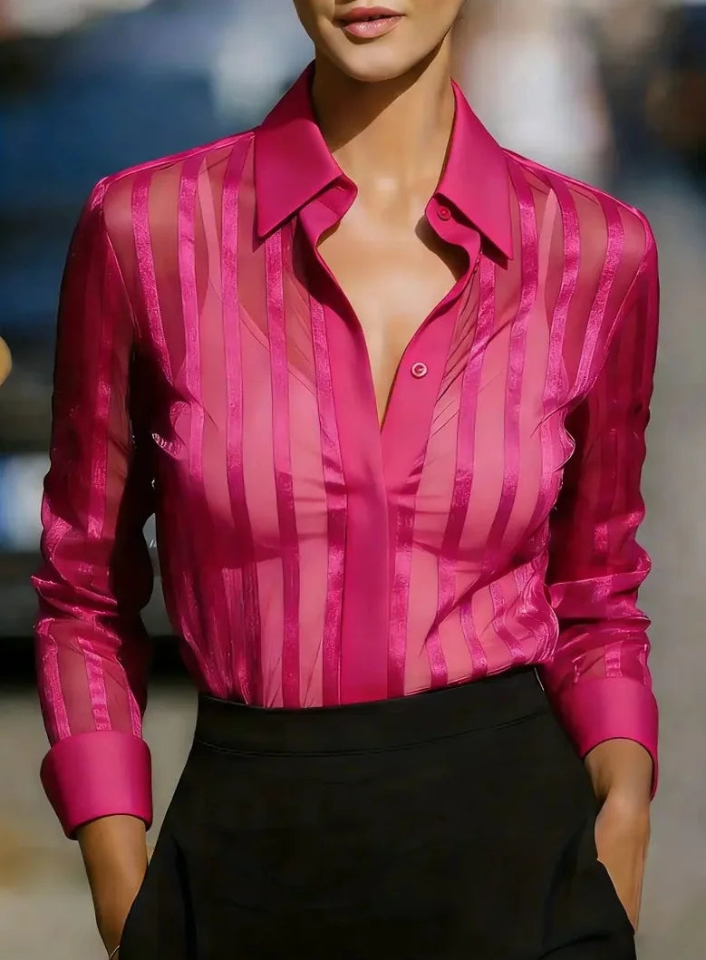 Sheer Vertical Stripe Button Down Shirt Long Sleeve Collared Blouse For Women Office Top