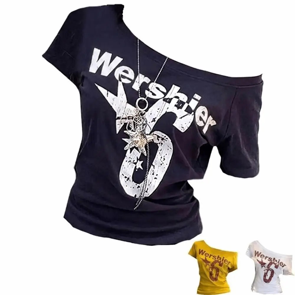 Fashion Y2k Off Shoulder Top Skew Collar Body Basic Crop Top Letter Print Basic Crop Top Vintage Style