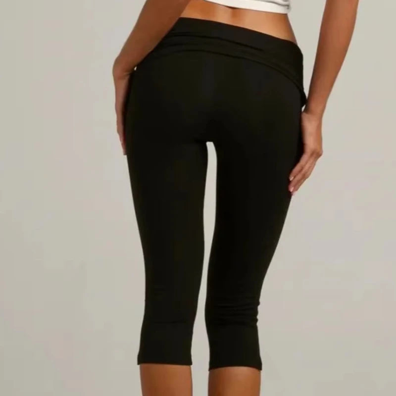 Individuality Low Rise Split Hem Length Skinny Pants Women Solid Fold Over Capri Leggings Casual Summer Streetwear Yoga Pants