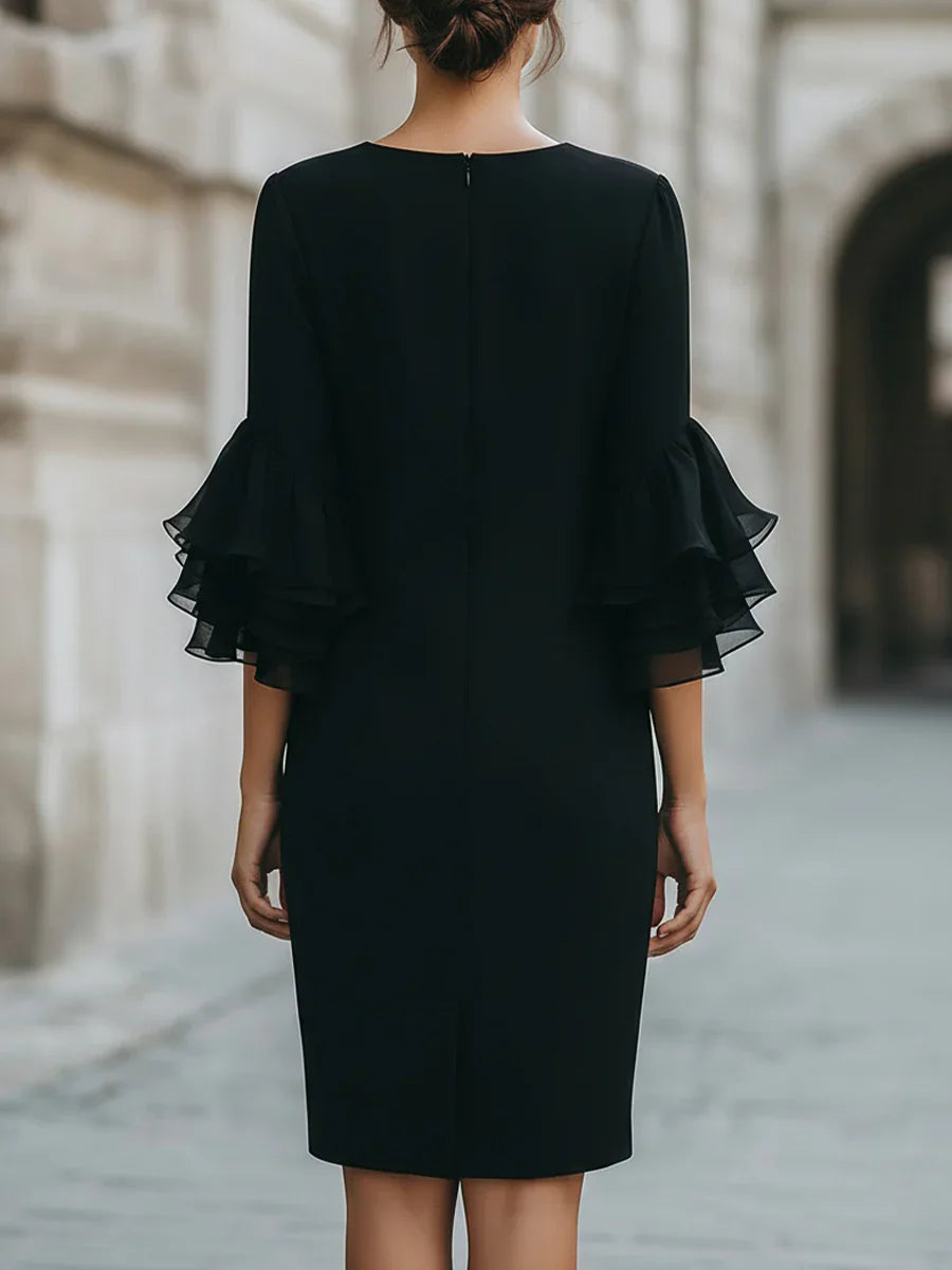 Ruffle Sleeve Bodycon Midi Dress Women Elegant Knee Length Sheath Party Cocktail Dress Long Sleeve Office Lady Dresses