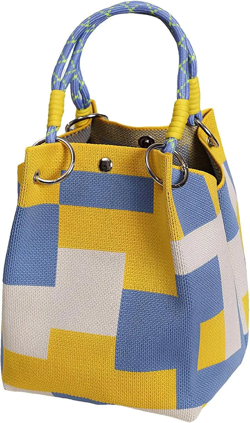 Mini Knitted Bucket Bag Women Small Handbag Geometric Colorblock
