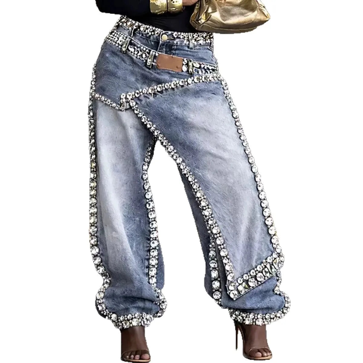 Women Wide Leg Pants Jeans Rhinestone Denims Distressed Washed Full Length Vintage Asymmetrical Trousers Y2k Streetwear 2026