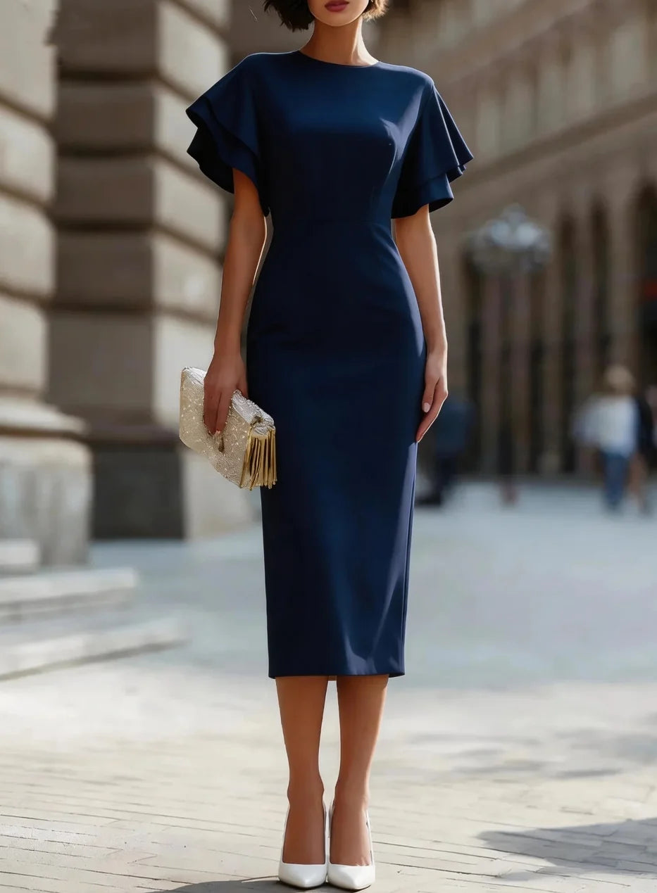 Women's Elegant Ruffle Sleeve Bodycon Midi Dress with Round Neck and Fitted Silhouette