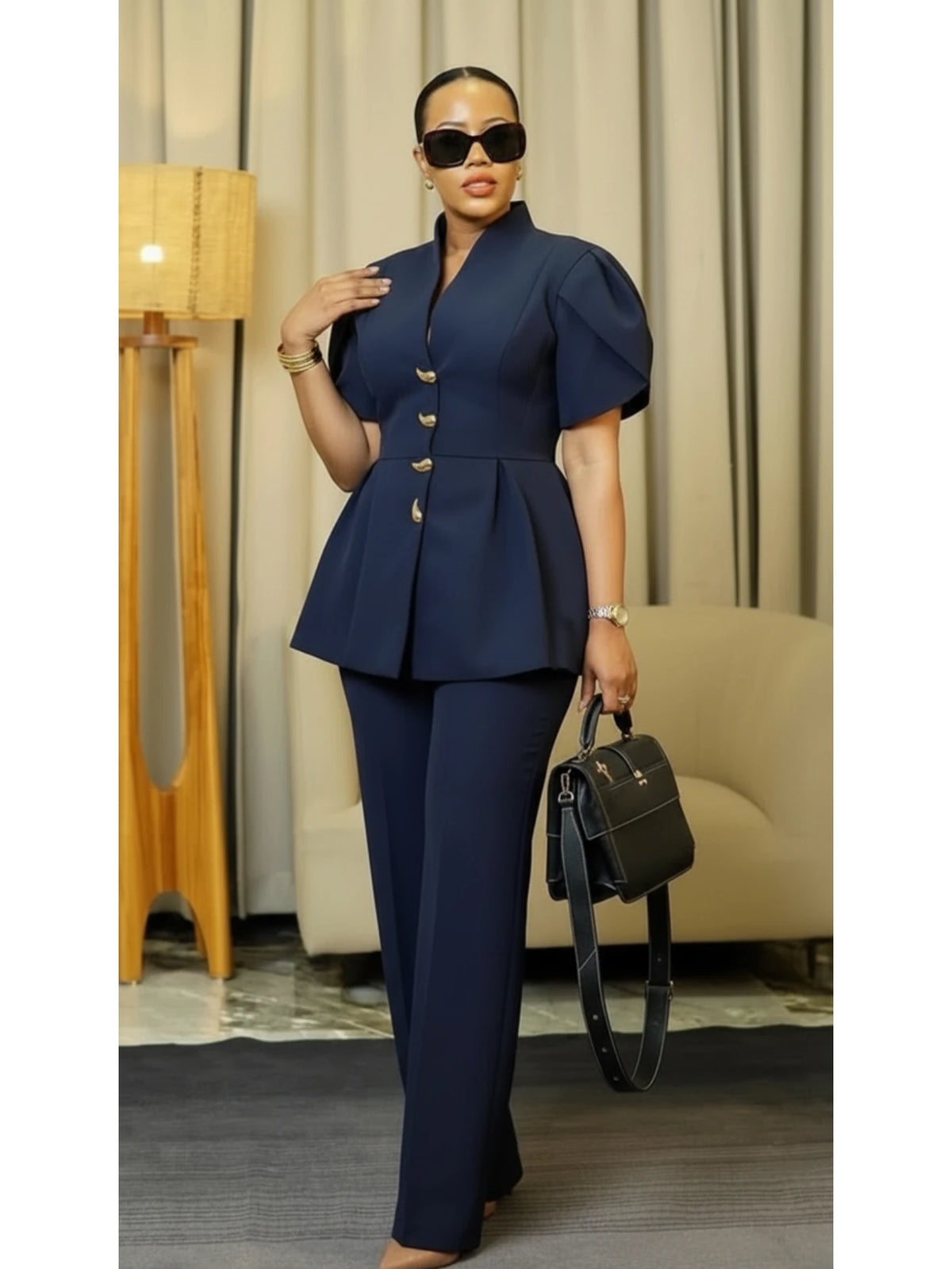 Women Stand Collar Puff Sleeve Button Peplum Top And Straight Leg Pants For Elegant Office Business And Daily Occasion