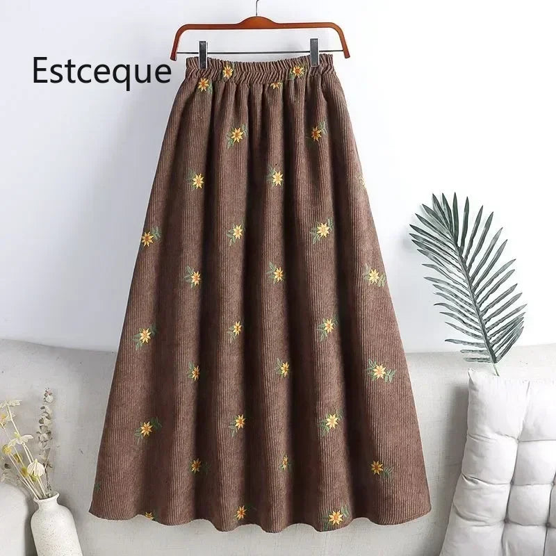 Corduroy Embroidery Women's Skirts Autumn Winter New Arrival Floral Skirts Female High Waist Slimming Mid-calf Skirt for Woman