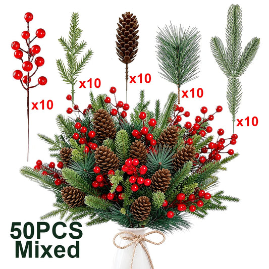50Pcs Christmas Artificial Pine Branches Red Berry Stems Pine Cones Pine Needles for DIY Craft Garland Wreath Xmas Home Decor