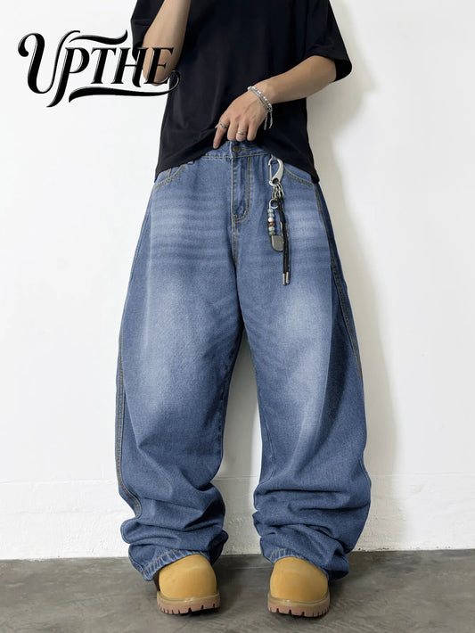 UP.THE Men Light Wash Baggy Wide Leg Jeans, Y2K Oversized Loose Denim Pants, Casual Relaxed Fit Trousers for Daily Shopping Office Wear