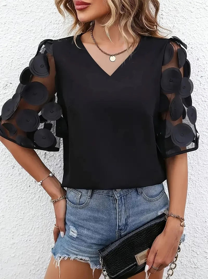 3D Floral Applique Sheer Sleeve V Neck Chiffon Blouse Top For Women